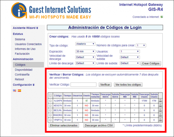 Verificar/eliminar Códigos