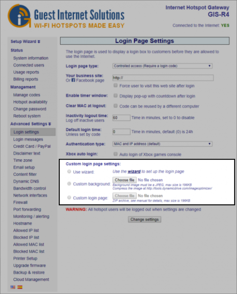 Custom login page settings